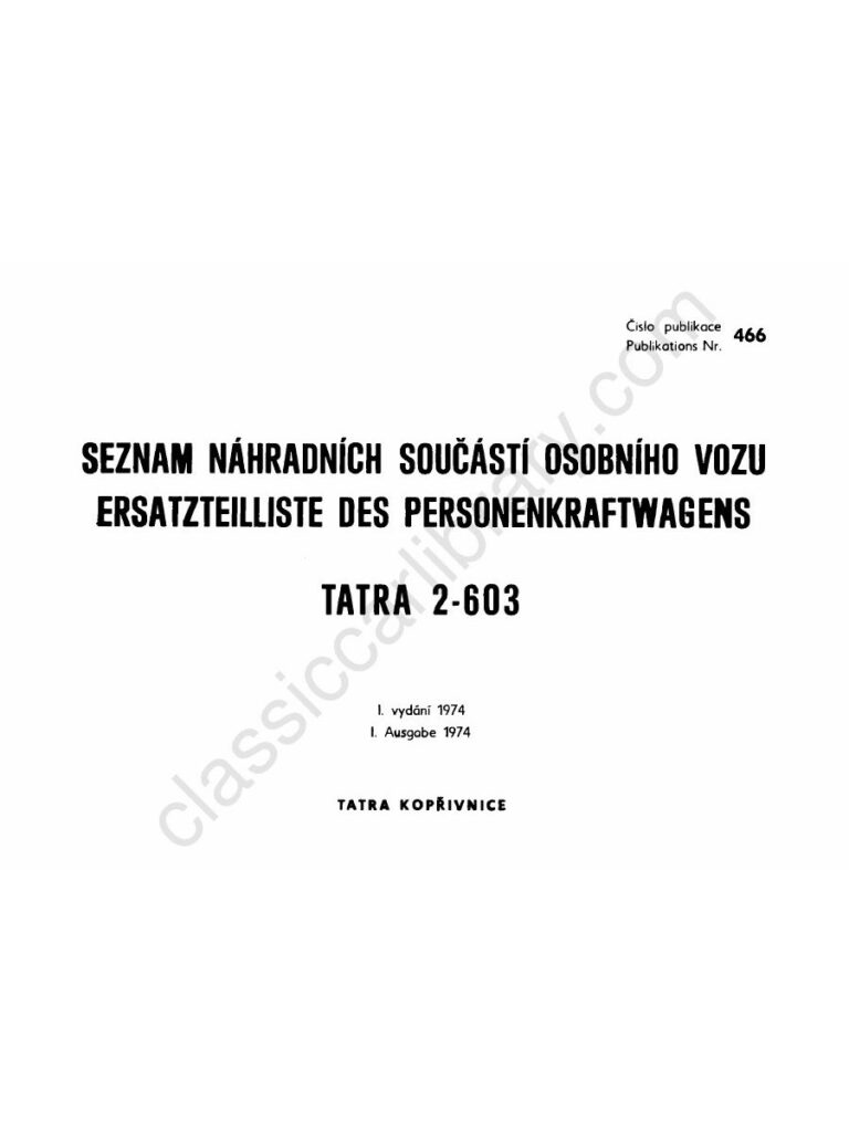 Cover of 1974 Tatra 2-603 Parts Catalog